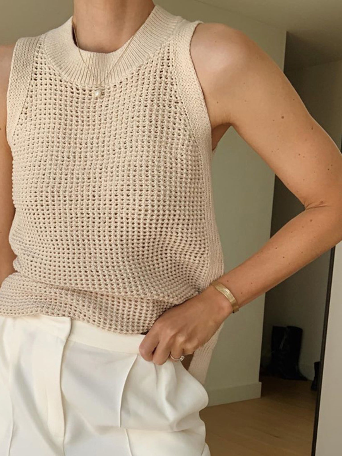 Dames Gebreide Mouwloze Top Ajour Detail Effen - Abrikoos / Zwart / Bordeaux - Maelen