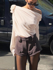 One Shoulder Blouse Dames Chiffon met Roos - Alessandra Bellamore