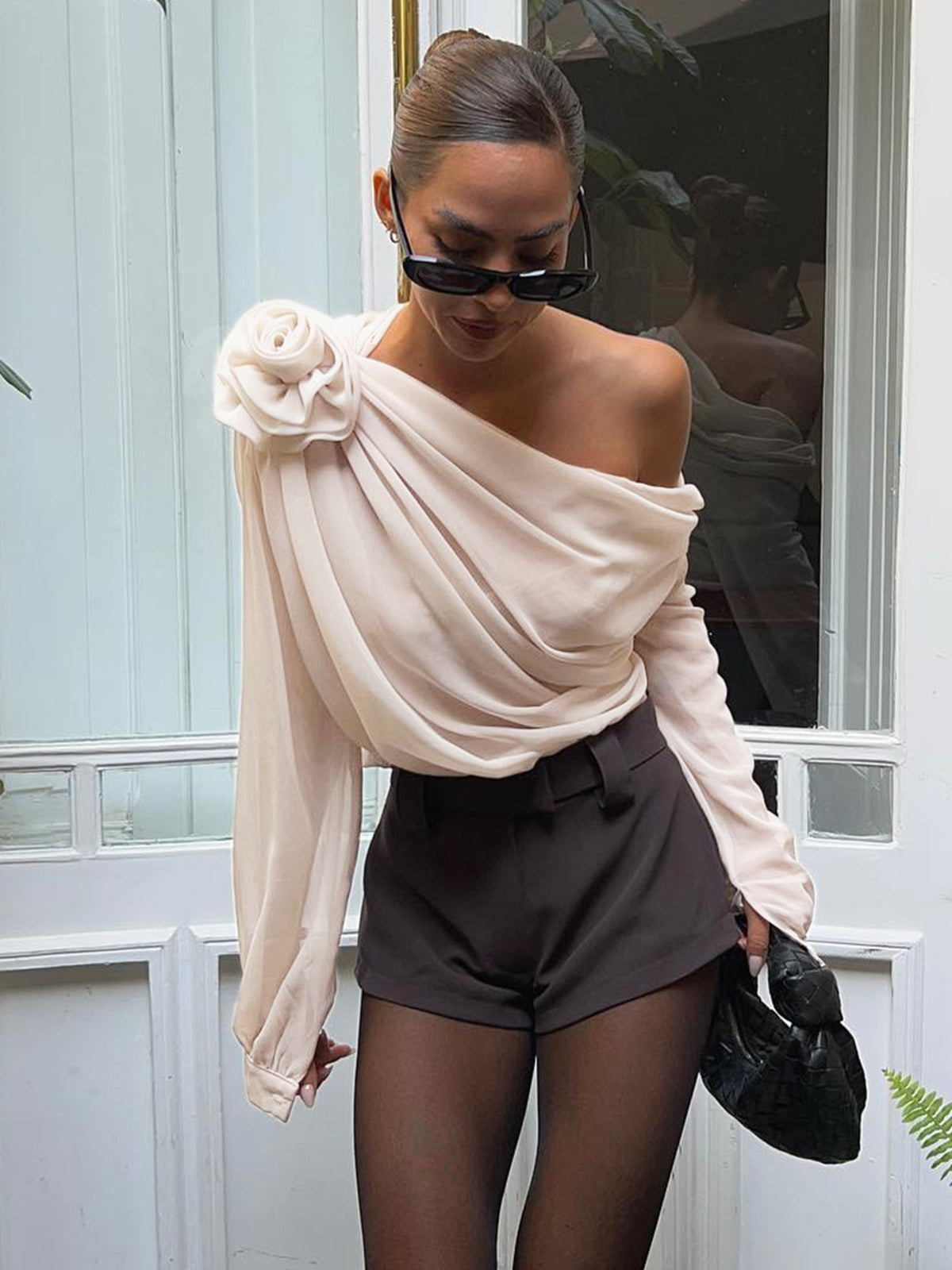 One Shoulder Blouse Dames Chiffon met Roos - Alessandra Bellamore