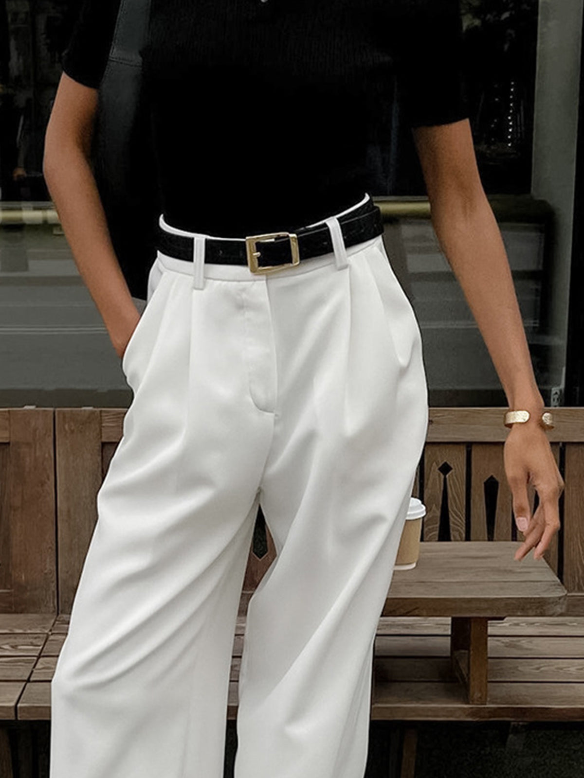 Dames Wide Leg Pantalon Hoge Taille Geweven Stof - Zwart / Wit / Khaki - Maelen