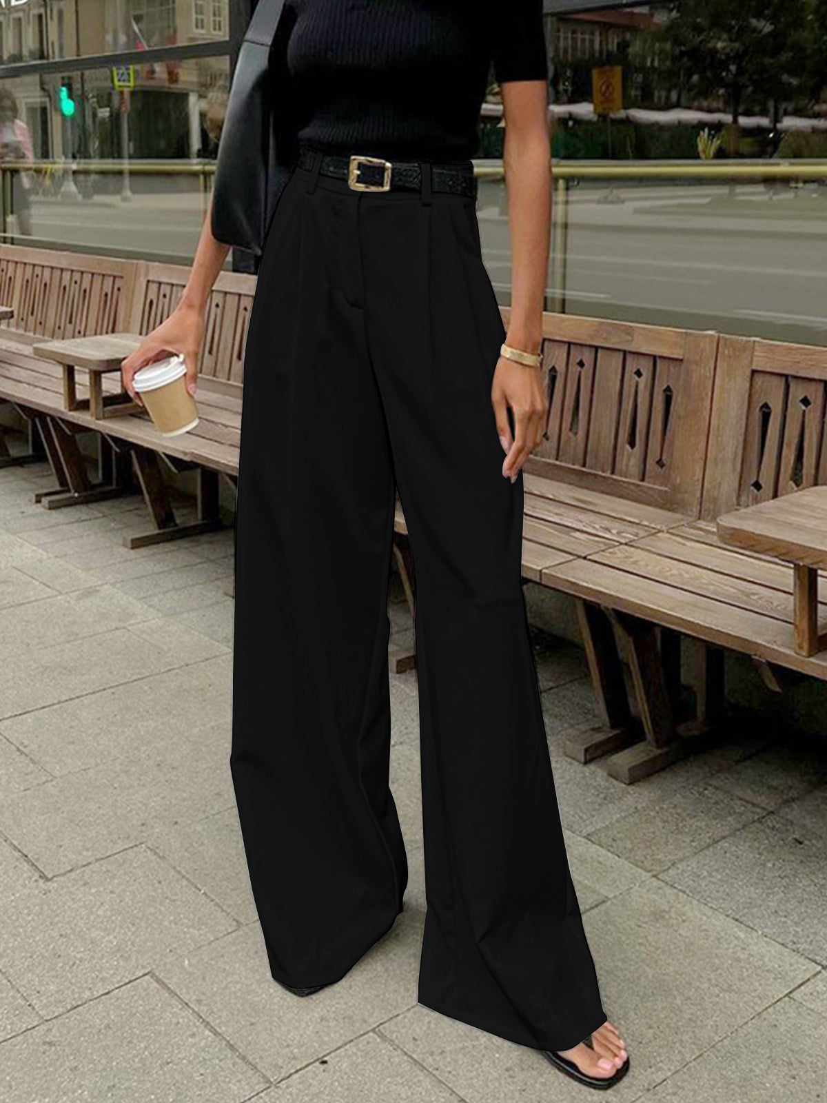 Dames Wide Leg Pantalon Hoge Taille Geweven Stof - Zwart / Wit / Khaki - Maelen