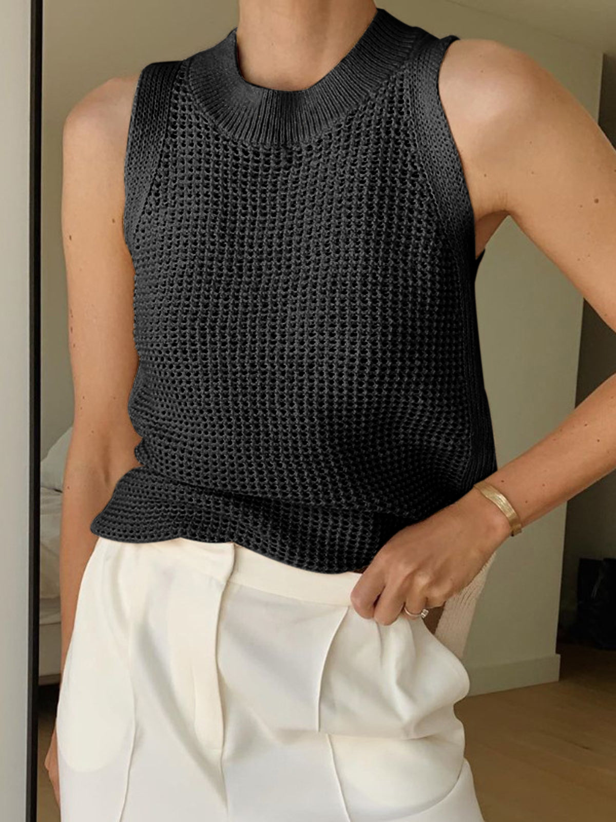 Dames Gebreide Mouwloze Top Ajour Detail Effen - Abrikoos / Zwart / Bordeaux - Maelen