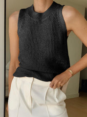 Dames Gebreide Mouwloze Top Ajour Detail Effen - Abrikoos / Zwart / Bordeaux - Maelen