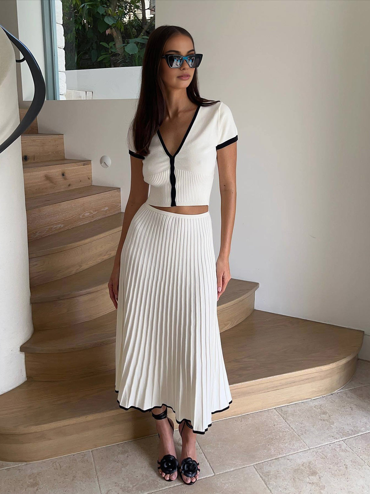 Witte Gebreide Rok Set Dames met Contrast Bies - Alessandra Fiora