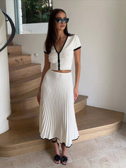 Witte Gebreide Rok Set Dames met Contrast Bies - Alessandra Fiora