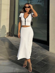 Witte Gebreide Rok Set Dames met Contrast Bies - Alessandra Fiora