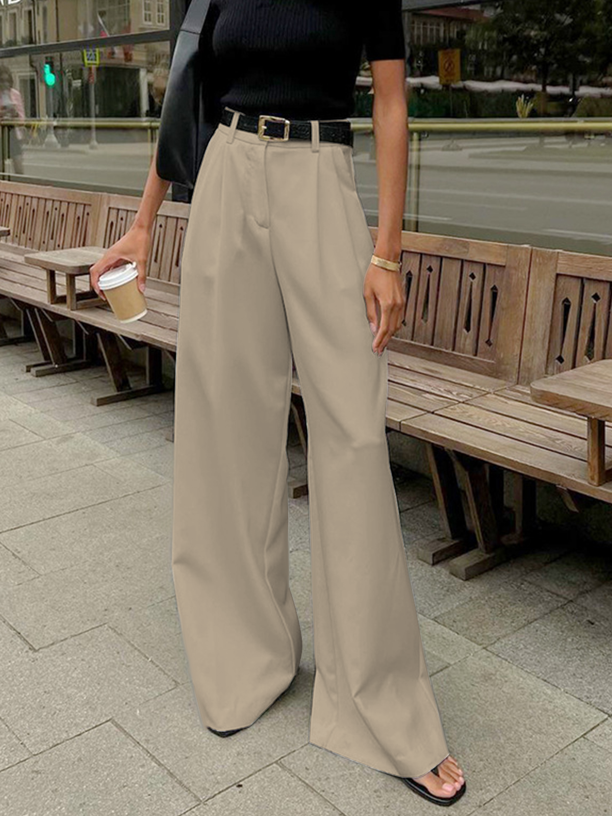 Dames Wide Leg Pantalon Hoge Taille Geweven Stof - Zwart / Wit / Khaki - Maelen
