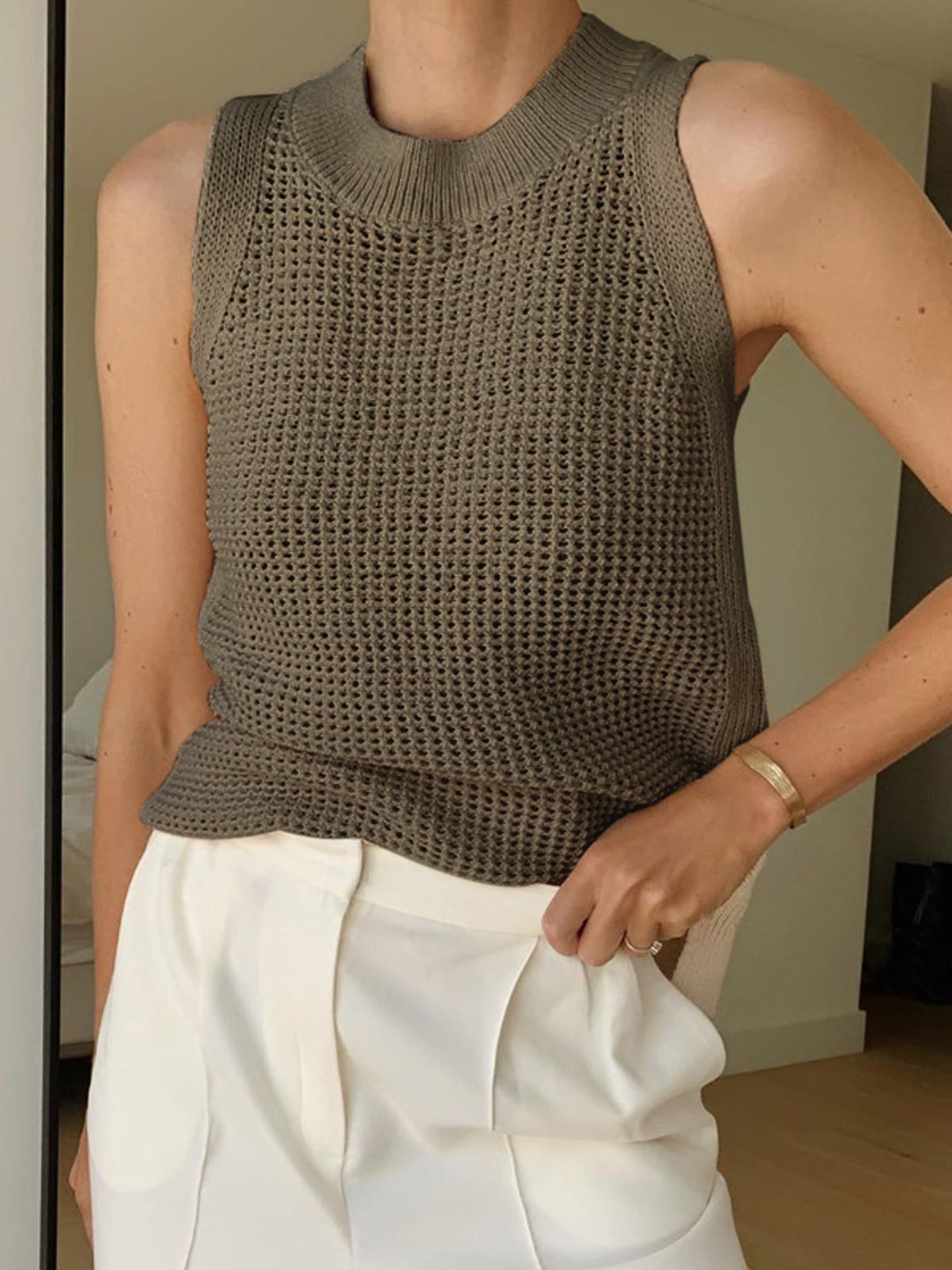 Dames Gebreide Mouwloze Top Ajour Detail Effen - Abrikoos / Zwart / Bordeaux - Maelen