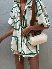 Dames linnen set met blouse en korte broek met print - Valentina Romano