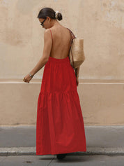 Dames Maxi Jurk Rugdecolleté Effen Geweven Stof - Zwart / Wit / Rood - Maelen