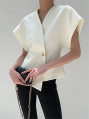 Blouse Dames | Trendy V-Hals Blouse met Knopen en Korte Mouwen - Giulia Bellamore