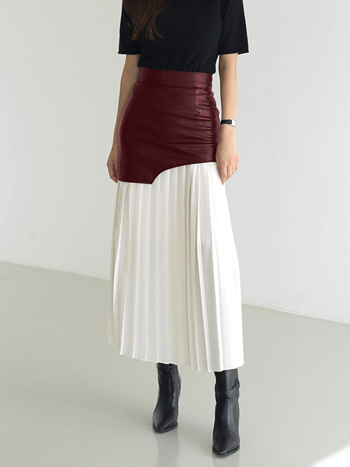 Lange Rok Dames Maxi met Plissé en Imitatieleer Patchwork | Giulia Bellamore