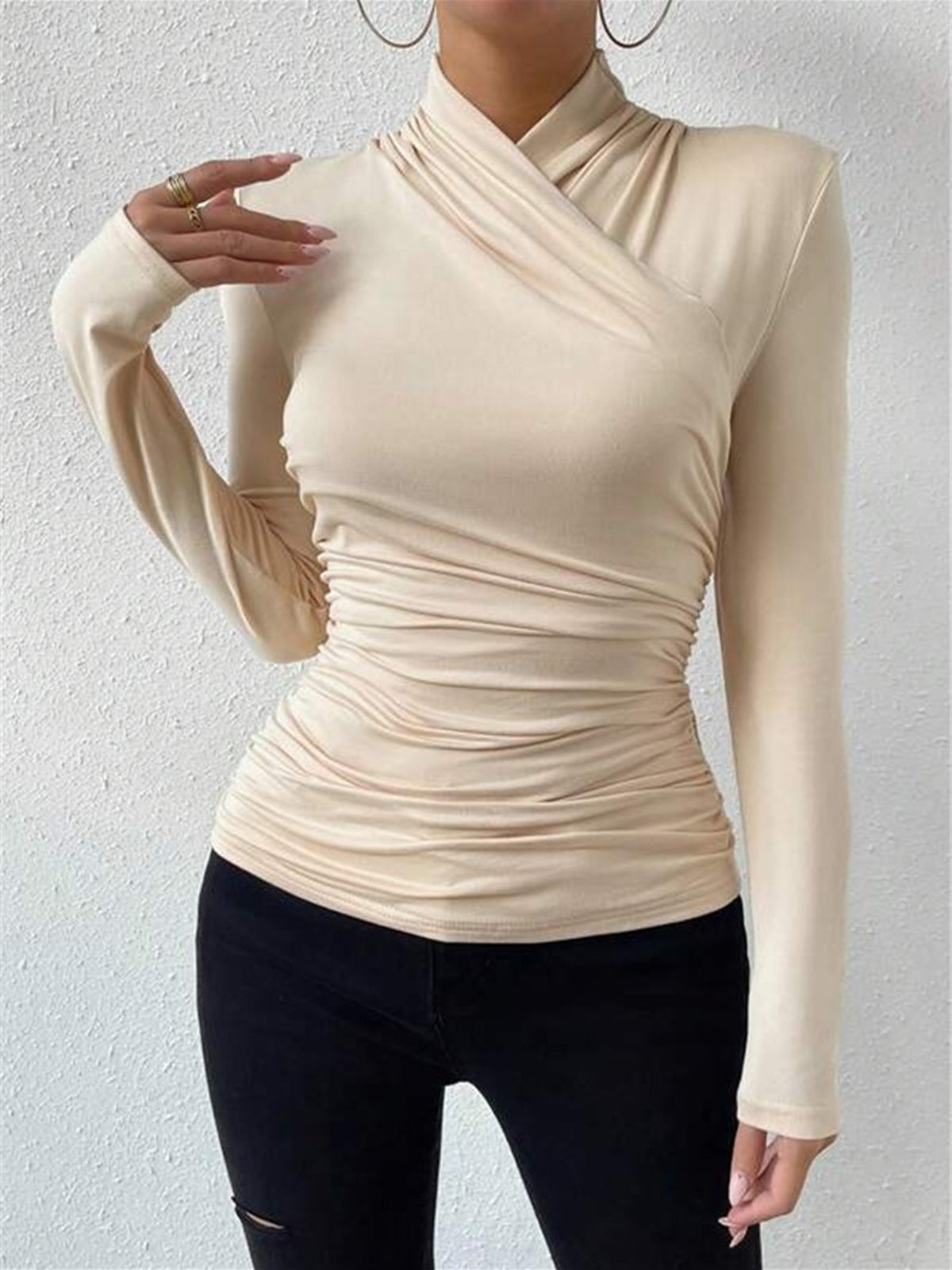 Dames Top Overslaghals Geplooide Strikdetail Aansluitend - Wit / Zwart / Abrikoos - Maelen