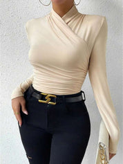 Dames Top Overslaghals Geplooide Strikdetail Aansluitend - Wit / Zwart / Abrikoos - Maelen