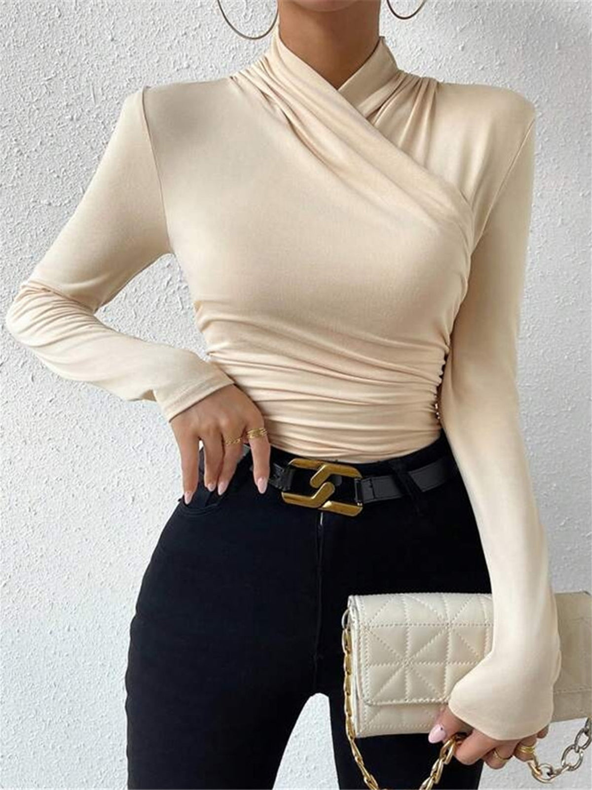 Dames Top Overslaghals Geplooide Strikdetail Aansluitend - Wit / Zwart / Abrikoos - Maelen