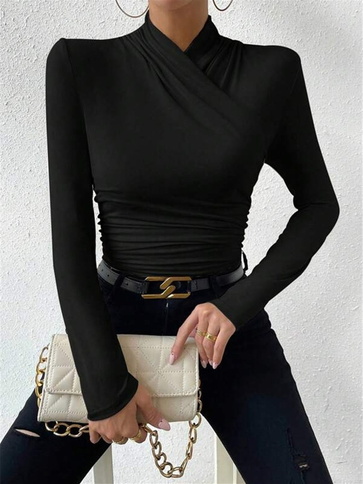 Dames Top Overslaghals Geplooide Strikdetail Aansluitend - Wit / Zwart / Abrikoos - Maelen