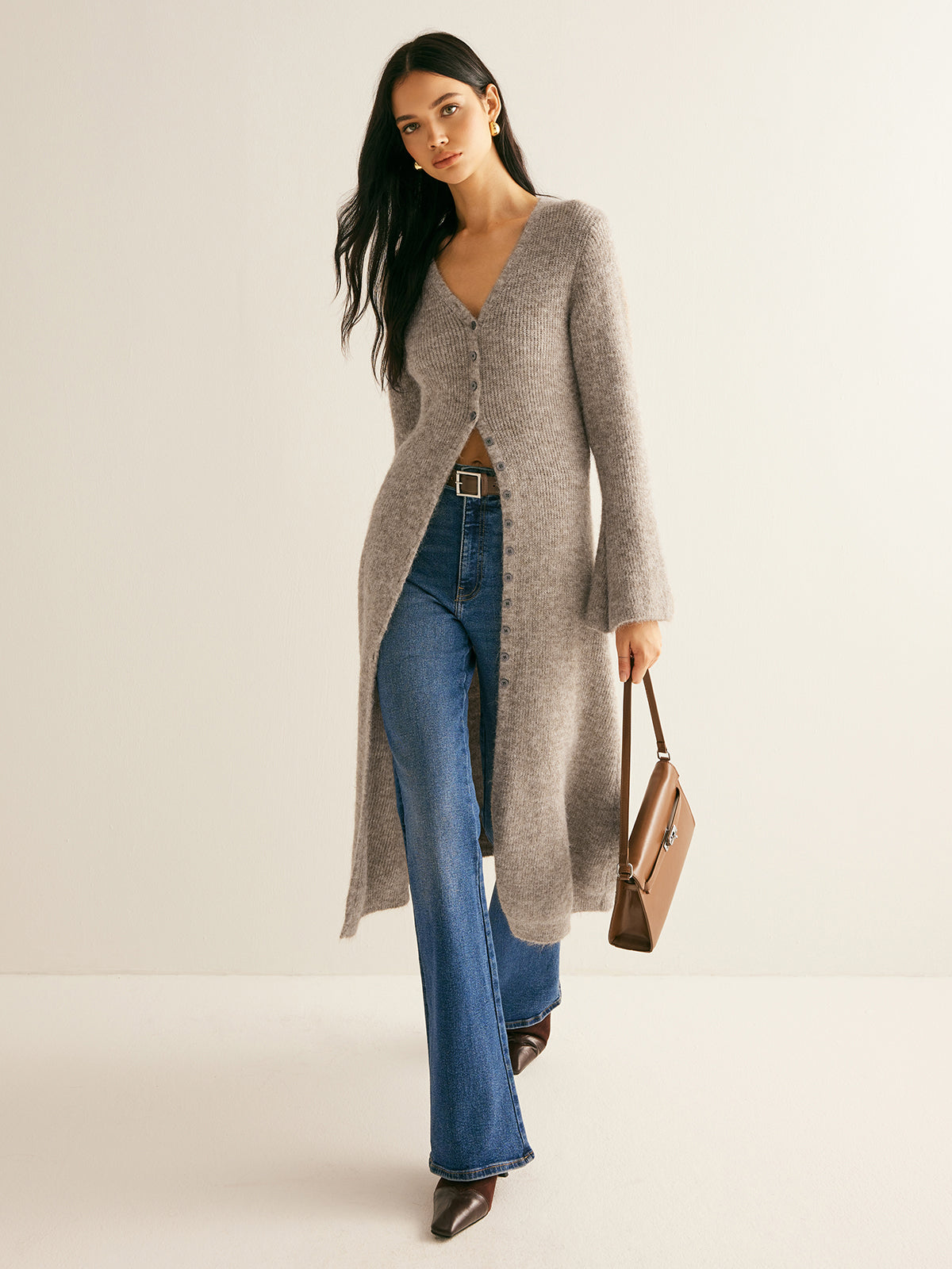 Dames midi sweater jurk met V-hals en split - Valentina Bellamore