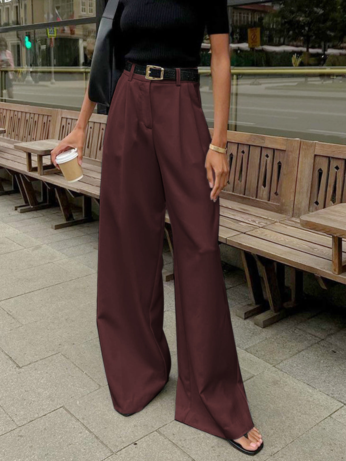 Dames Wide Leg Pantalon Hoge Taille Geweven Stof - Zwart / Wit / Khaki - Maelen