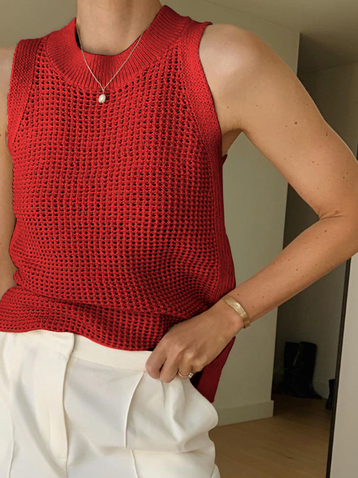 Dames Gebreide Mouwloze Top Ajour Detail Effen - Abrikoos / Zwart / Bordeaux - Maelen