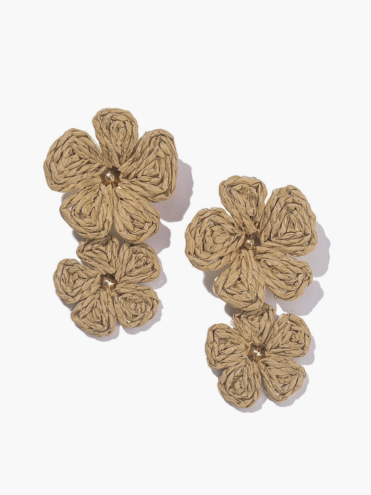 Raffia Oorbellen Dames Dubbele Bloem Hanger met Gouden Accent - Gebroken Wit / Bruin