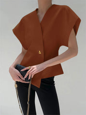 Blouse Dames | Trendy V-Hals Blouse met Knopen en Korte Mouwen - Giulia Bellamore