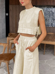 Beige dames linnen set met top en wijde broek - Giulia Bellamore