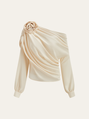 One Shoulder Blouse Dames Chiffon met Roos - Alessandra Bellamore