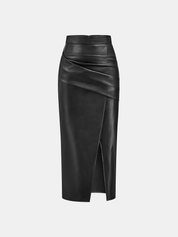 Leren Rok Dames | Midi Rok met Split en Ruches - Isabella Bellucci