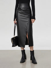 Leren Rok Dames | Midi Rok met Split en Ruches - Isabella Bellucci