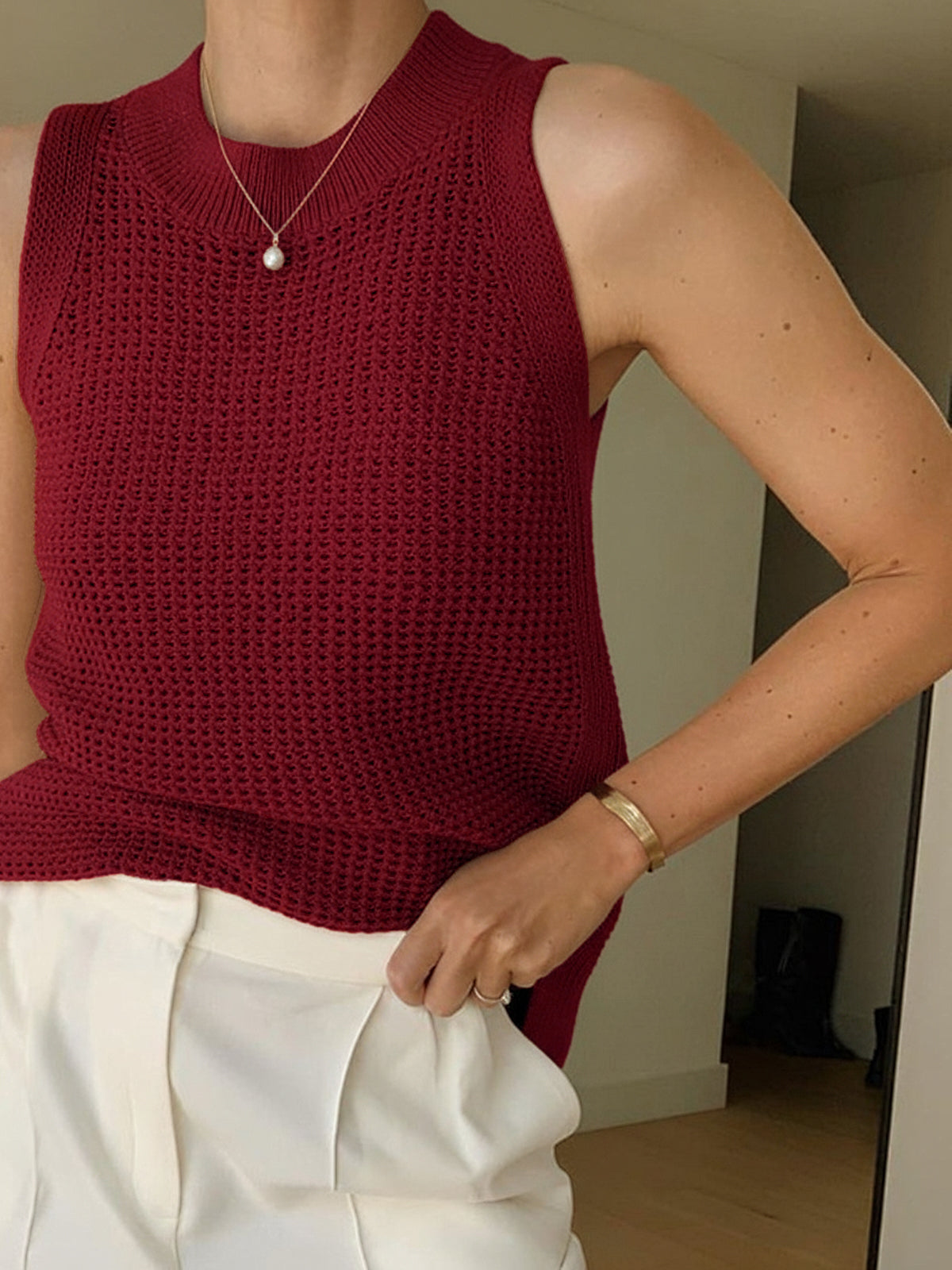Dames Gebreide Mouwloze Top Ajour Detail Effen - Abrikoos / Zwart / Bordeaux - Maelen