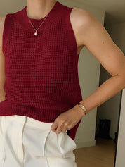 Dames Gebreide Mouwloze Top Ajour Detail Effen - Abrikoos / Zwart / Bordeaux - Maelen