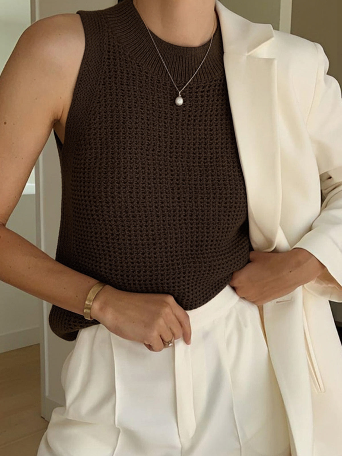 Dames Gebreide Mouwloze Top Ajour Detail Effen - Abrikoos / Zwart / Bordeaux - Maelen
