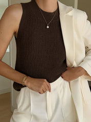 Dames Gebreide Mouwloze Top Ajour Detail Effen - Abrikoos / Zwart / Bordeaux - Maelen