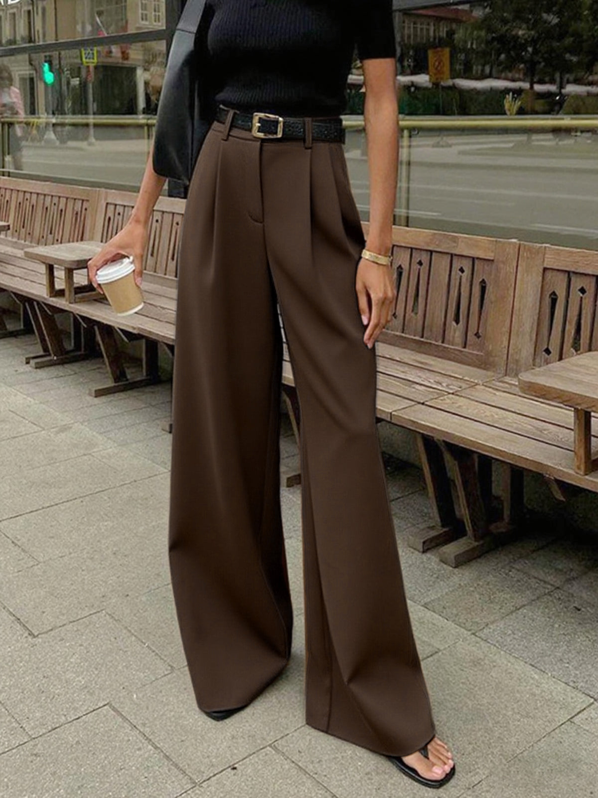 Dames Wide Leg Pantalon Hoge Taille Geweven Stof - Zwart / Wit / Khaki - Maelen
