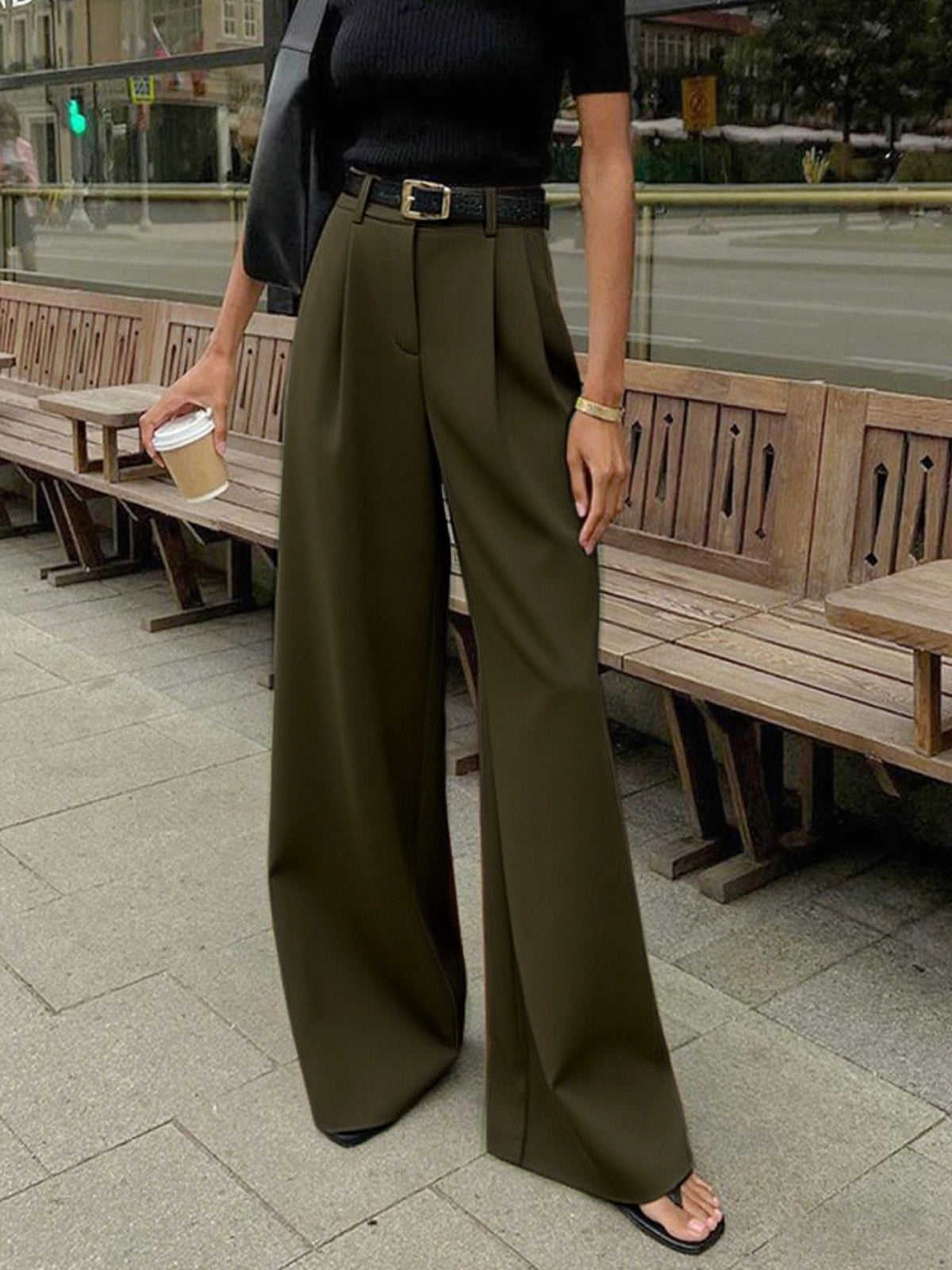 Dames Wide Leg Pantalon Hoge Taille Geweven Stof - Zwart / Wit / Khaki - Maelen