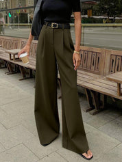 Dames Wide Leg Pantalon Hoge Taille Geweven Stof - Zwart / Wit / Khaki - Maelen