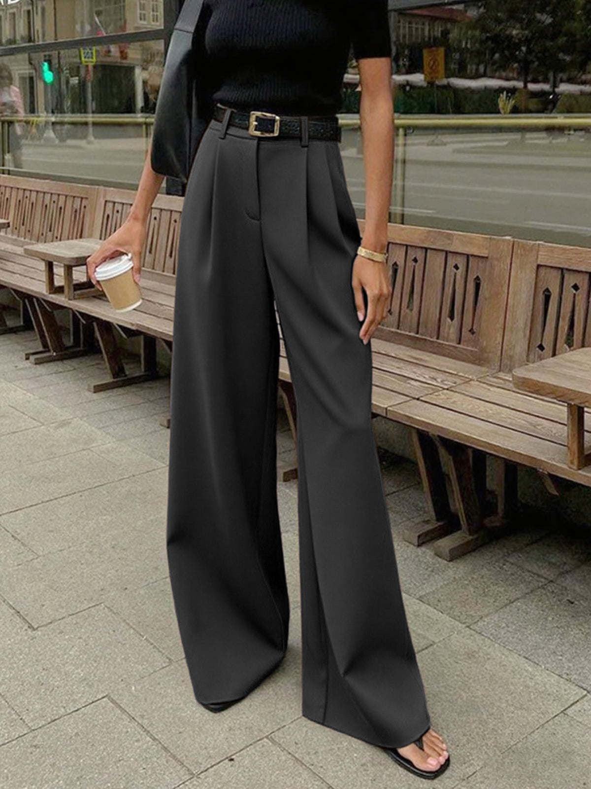 Dames Wide Leg Pantalon Hoge Taille Geweven Stof - Zwart / Wit / Khaki - Maelen