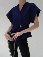 Blouse Dames | Trendy V-Hals Blouse met Knopen en Korte Mouwen - Giulia Bellamore