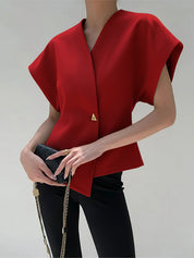 Blouse Dames | Trendy V-Hals Blouse met Knopen en Korte Mouwen - Giulia Bellamore