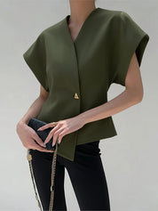 Blouse Dames | Trendy V-Hals Blouse met Knopen en Korte Mouwen - Giulia Bellamore