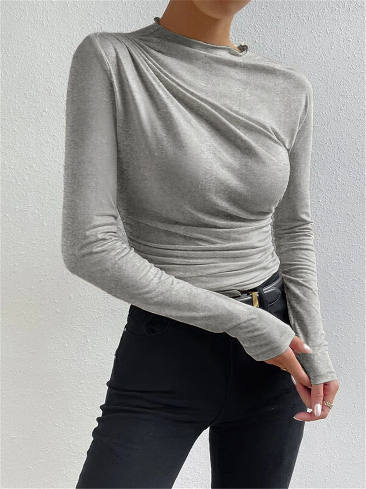 Shirt met Ruches en Lange Mouwen Dames | Aansluitende Jersey Top – Valentina Romano