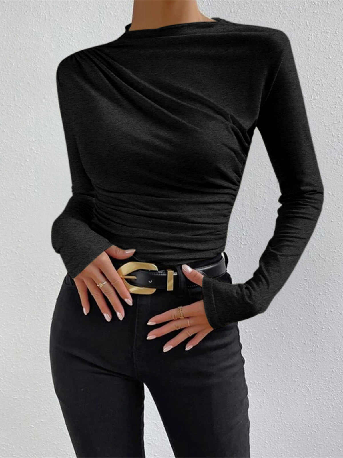 Shirt met Ruches en Lange Mouwen Dames | Aansluitende Jersey Top – Valentina Romano