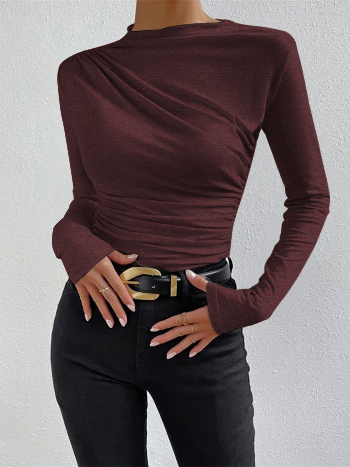 Shirt met Ruches en Lange Mouwen Dames | Aansluitende Jersey Top – Valentina Romano