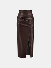 Leren Rok Dames | Midi Rok met Split en Ruches - Isabella Bellucci