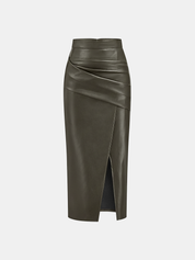 Leren Rok Dames | Midi Rok met Split en Ruches - Isabella Bellucci
