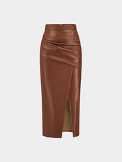 Leren Rok Dames | Midi Rok met Split en Ruches - Isabella Bellucci