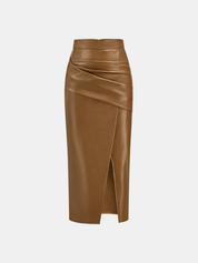 Leren Rok Dames | Midi Rok met Split en Ruches - Isabella Bellucci