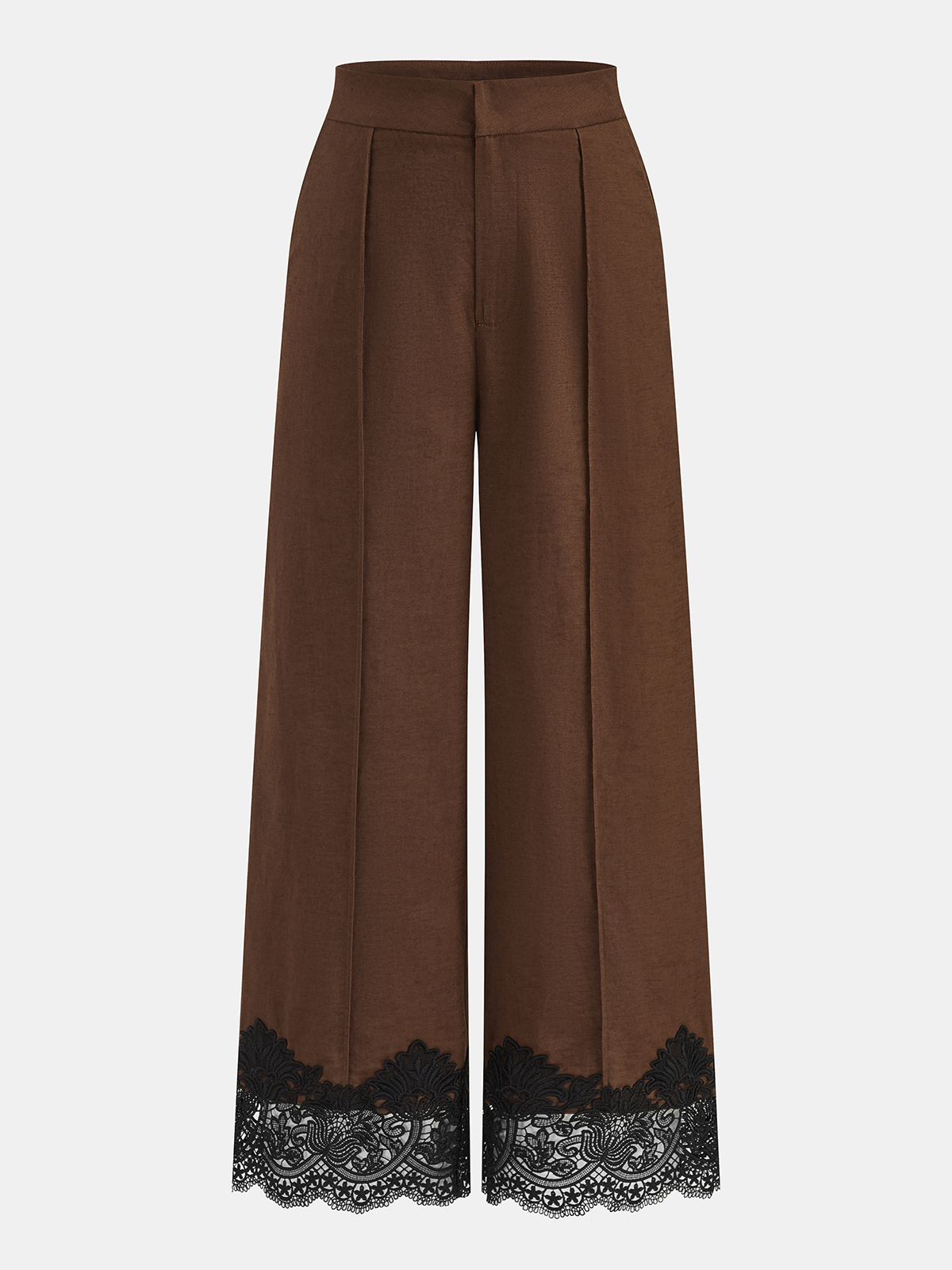 Dames Wide Leg Broek Katoen Linnen Kant Afwerking Hoge Taille - Bruin / Zwart - Maelen