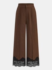 Dames Wide Leg Broek Katoen Linnen Kant Afwerking Hoge Taille - Bruin / Zwart - Maelen