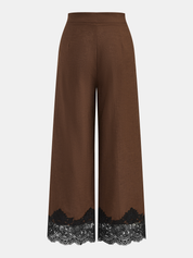 Dames Wide Leg Broek Katoen Linnen Kant Afwerking Hoge Taille - Bruin / Zwart - Maelen
